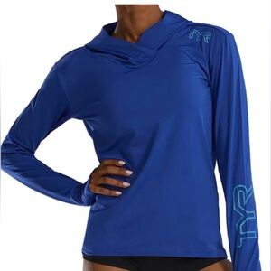 TYR Sun Defense UPF50+ Hooded Swim Shirt Women’s Medium Thumb holes Quick Dry